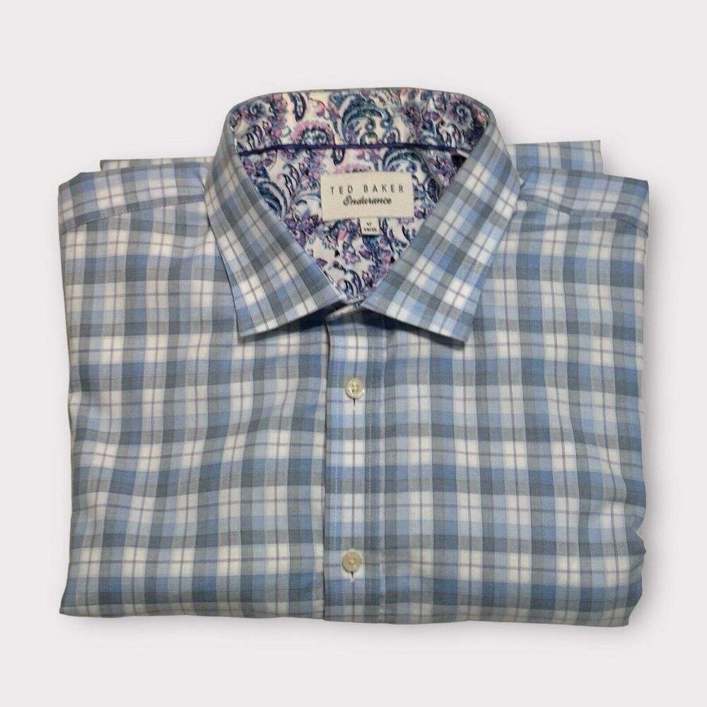 Ted Baker Endurance Shirt Mens 17 34/35 Blue Plaid Button Up Flip Cuff